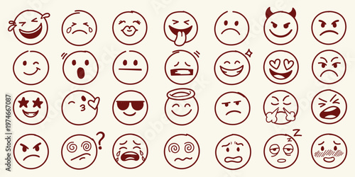 Smile doodle emoji faces in hand drawn vector doodle sketchy style. Happy  sad  crying emotional scribbles  comic elements for business design