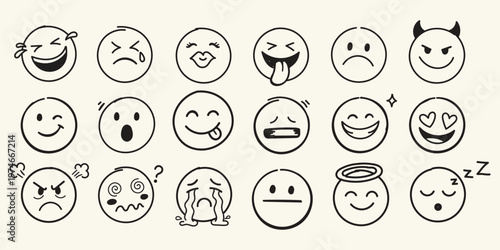 Face emoji icon set. Hand drawn doodle sketch style happy  angry  sad mood face emoticon background. Funny cartoon characters smile  wink  kiss emoji. Cute circle emotion element. Vector illustration