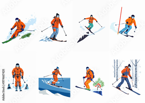 Set of flat vector illustrations depicting various skiers in orange jackets performing winter sports activities like downhill and cross-country skiing.