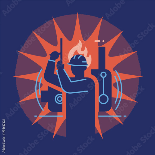 Industrial worker in hard hat operating machinery with fire and sparks.