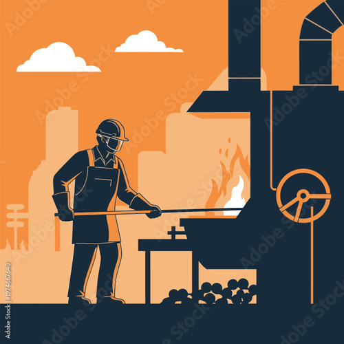 Industrial worker operating heavy machinery in a factory setting.