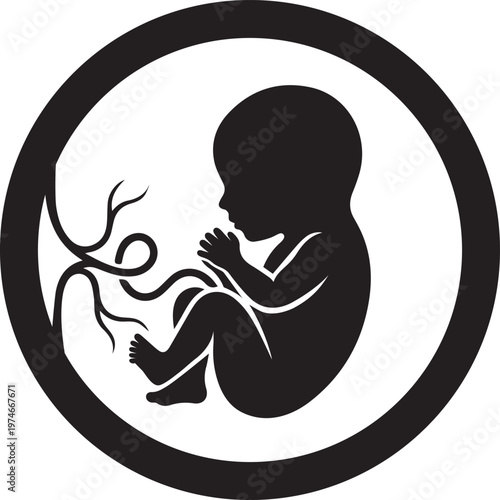 Minimalist black silhouette icon of unborn baby fetus in curled position isolated on white background. Concept of pregnancy, newborn, prenatal care, motherhood, medical illustration.