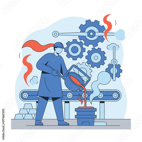 Industrial worker pouring molten metal into mold on conveyor belt.