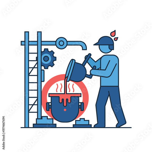 Industrial worker pouring molten metal into mold.