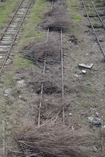 Abandoned railway tracks are littered with branches. Close-up. Urban sketches.