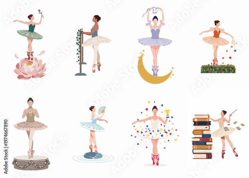 Collection of Eight Minimalist Vector Ballerina Illustrations in Various Creative Poses and Whimsical Settings Isolated on White Background