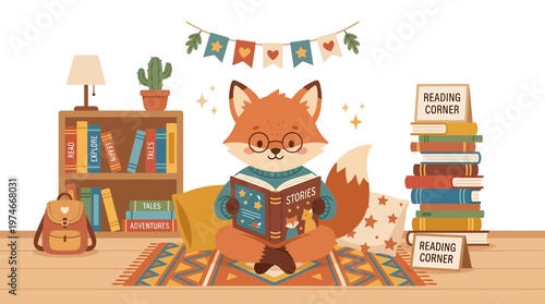 Cute Fox Reading Book in Cozy Reading Corner, Children's Story Time