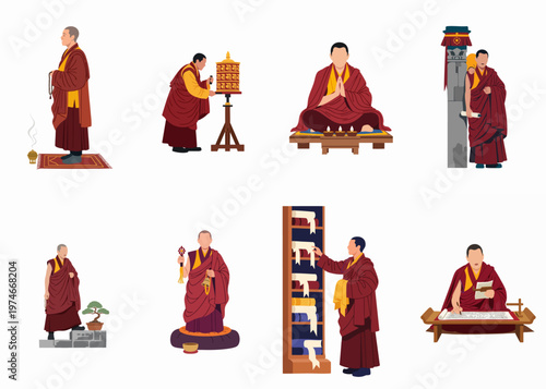 Set of flat illustrations depicting Buddhist monks in various traditional activities such as praying, meditating, and studying on a white background