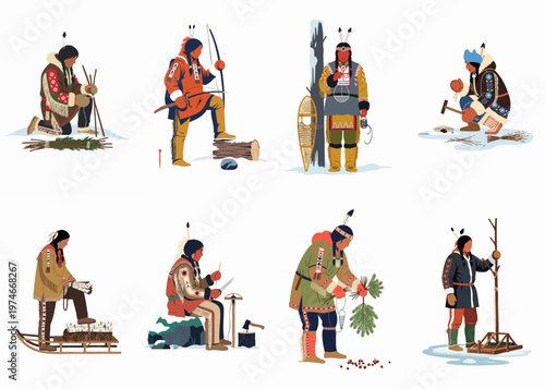 Collection of North American Indigenous People in Traditional Winter Clothing Performing Various Ancestral Tasks and Survival Skills
