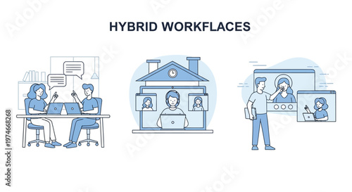 Hybrid Workplaces Illustrating Remote and Office Collaboration.