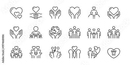 Kindness and compassion icons showing caring hands hearts sharing love and community support with people connection symbols.