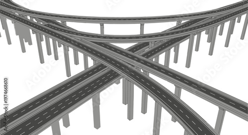 Complex highway interchange with multiple overpasses and roads, connecting different routes, isolated white background.
