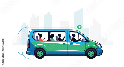 Modern Minivan Transporting Passengers Through City.