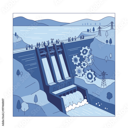 Hydroelectric Dam Generating Power with Gears and Water Flow.