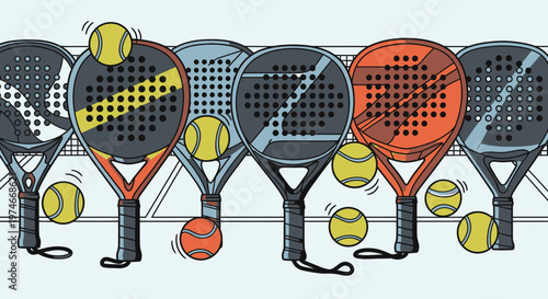 Row of colorful padel tennis rackets with several yellow balls, ready for play in a bright studio setting.