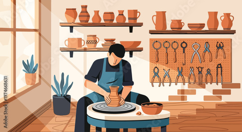 Man intently working on a pottery wheel creating art.