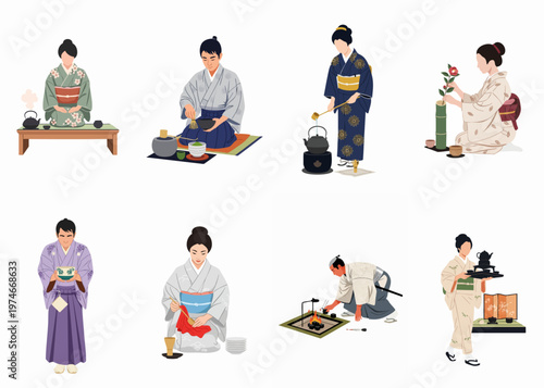 A collection of vector illustrations depicting people in traditional Japanese kimonos performing various steps and rituals of a formal tea ceremony.