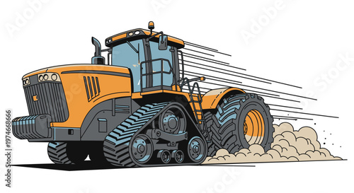 Powerful heavy-duty tracked tractor or excavator kicking up dust, representing construction and agricultural work, isolated white background.