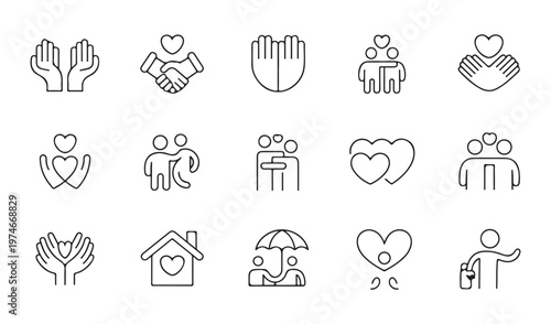 Creative stroke icons depicting love empathy protection and social responsibility for non profit platforms.