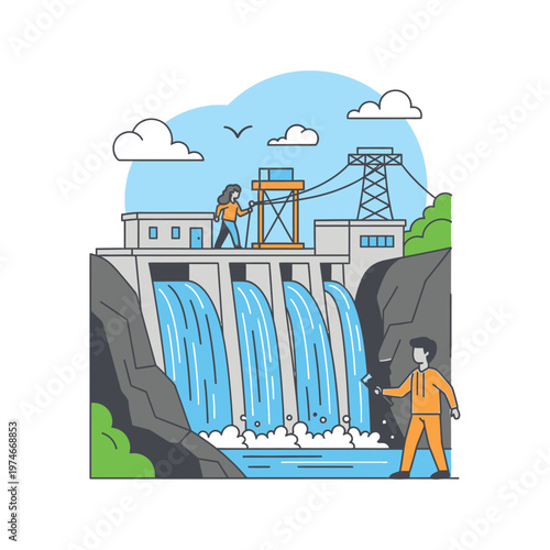 Hydroelectric Dam Power Generation with Workers.