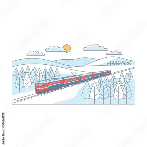 Modern Red Train Traveling Through Snowy Winter Landscape.