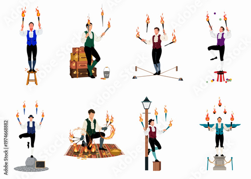 Set of eight male fire jugglers and street performers in various poses and costumes, demonstrating balancing skills and fire manipulation.