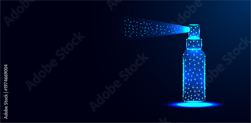 Futuristic Low Poly Spray Bottle with Glowing Particles, Disinfection and Cleaning Technology Concept, Abstract Hygiene Illustration