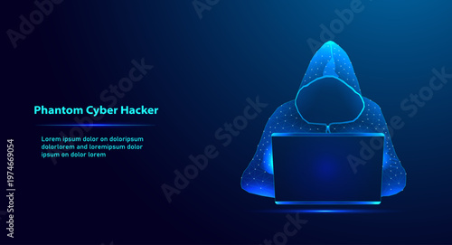 Futuristic Low Poly Hacker with Laptop, Cyber Security Threat Concept, Anonymous Cyber Attack and Data Protection Illustration