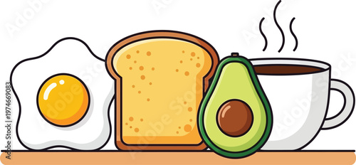 Delicious Breakfast Set with Fried Egg, Toast, Avocado, and Coffee