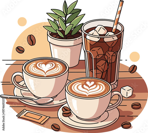 Stylized vector illustration of popular coffee drinks hot lattes with art and a cool iced coffee, ready for enjoyment