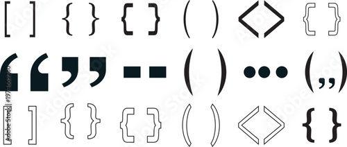 Curly brackets and quotation marks symbol collection vector. Curly brackets,creating an abstract typographic design. square brackets and quotation marks punctuation icon set vector illustration.
