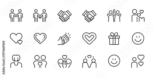 Friendship icons set with people shaking hands hugging and hearts symbols for relationship and social support.