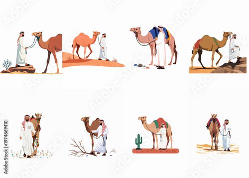 Set of flat vector illustrations depicting Arab men in traditional attire leading camels through various desert landscapes on a plain white background.
