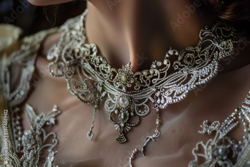 Close up of an ornate silver and pearl necklace adorning a bride's neck on her wedding day
