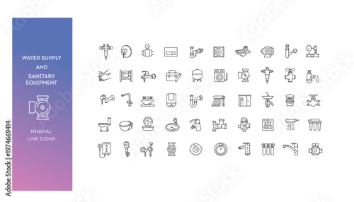 Water supply line icons set, sanitary equipment, bathroom and kitchen fixtures outline collection