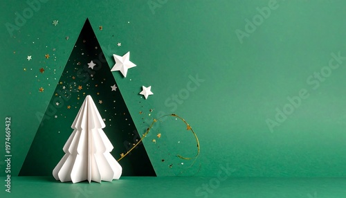 Festive, minimalist Christmas scene with white paper tree and stars against a deep green background