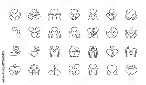 Assortment of clean line art icons focused on friendship, community, cooperation, and mutual support concepts.