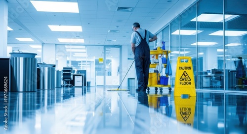 Office cleaner mopping a wet floor with a caution sign and cleaning cart