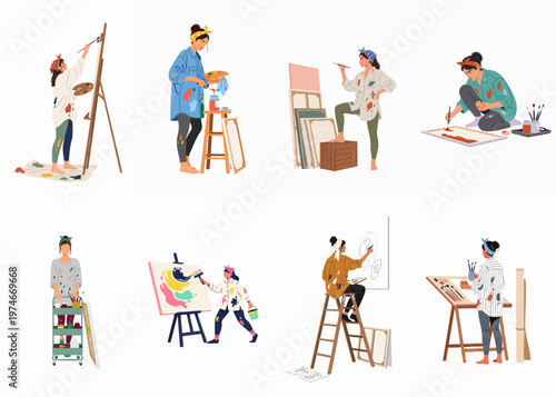 Collection of Female Artists Painting and Creating Art in Studio Illustration