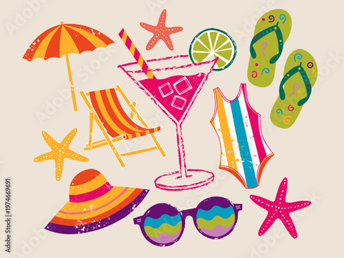 Colorful summer beach items including drinks, sunglasses, and flip-flops  