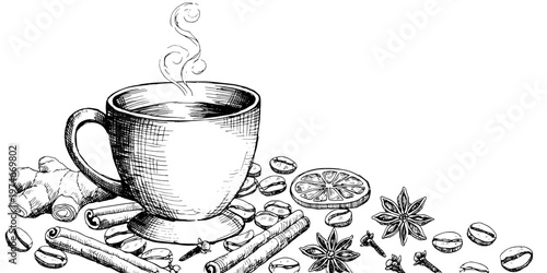 Coffee cup with spices and coffee beans in vintage illustration  