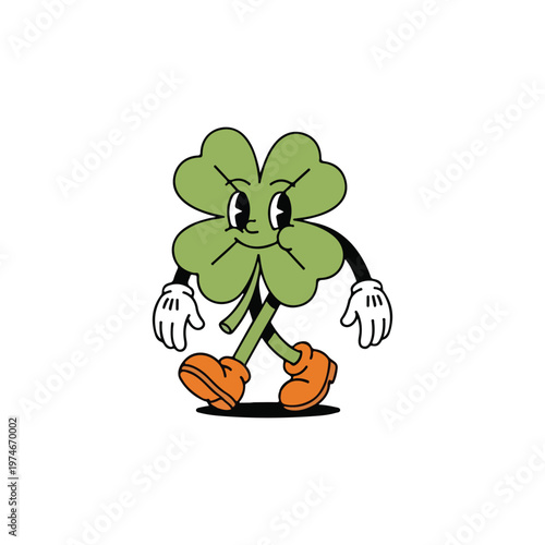 Vintage rubber hose shamrock character lucky clover mascot illustration