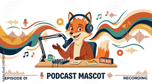 Cute Fox Mascot Recording Podcast with Microphone and Sound Waves