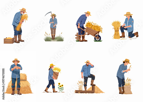 Set of Agricultural Workers Harvesting Wheat and Hay in a Flat Illustration Style