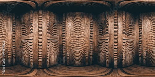Wood background banner panorama long wide - Brown wooden acoustic panels wall texture, vertical boards, seamless pattern