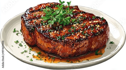 Juicy grilled steak with fresh herbs and glaze on a white plate, a gourmet culinary delight.
