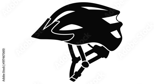 Black silhouette of a modern cycling helmet against a stark white background