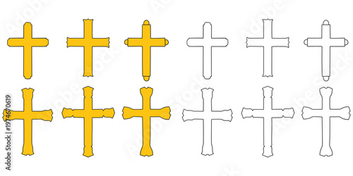 Hand-drawn cartoon and doodle set of сhristian crosses on a white background.