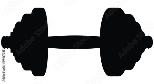 A black silhouette of a standard dumbbell isolated on a white background