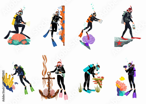 Set of vector illustrations depicting people scuba diving and conducting underwater research among colorful coral reefs.